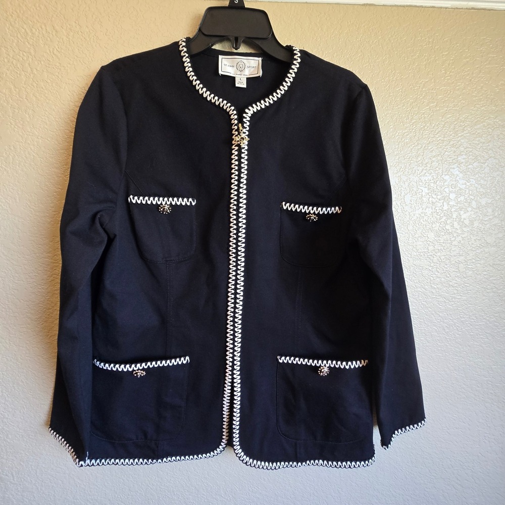 St John Sport Marie Gray Black White Ric Rac Trim Zip Front Jacket Large READ